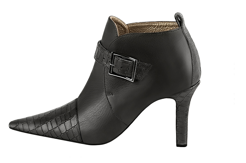 Women's dark grey elegant ankle boots, with buckles at the front. Pointed toe. High slim heel - Profile view